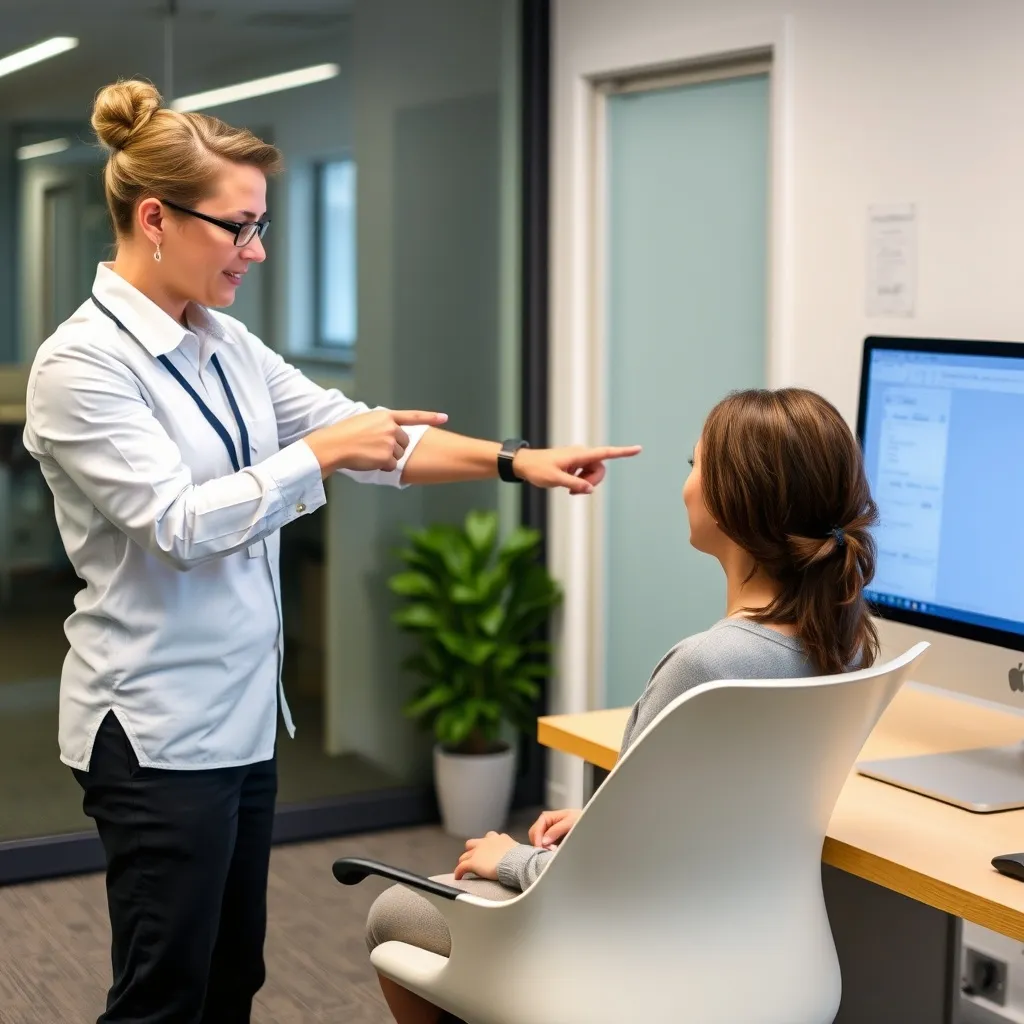 تمرین کشش گردن پشت میز کار با راهنمایی فیزیوتراپیست [object object] - correct sitting posture - فیزیوتراپی پیشگیرانه برای کارمندان اداری: راهنمای جامع